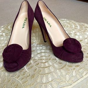 Prada Suede peep-toe 4” heel. Color: Deep Plum Size 6.5